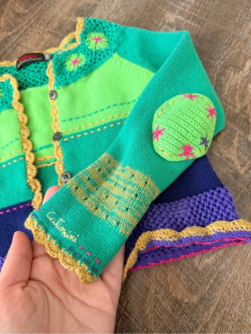 Catimini Green, Teal & Yellow Crochet-Trim Cardigan - Picture 6 of 9